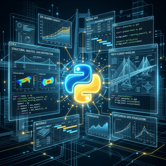 Código Python ejecutándose en un entorno de ingeniería civil mostrando análisis de datos estructurales con NumPy y Pandas, automatizando cálculos de metrados y resistencia de materiales