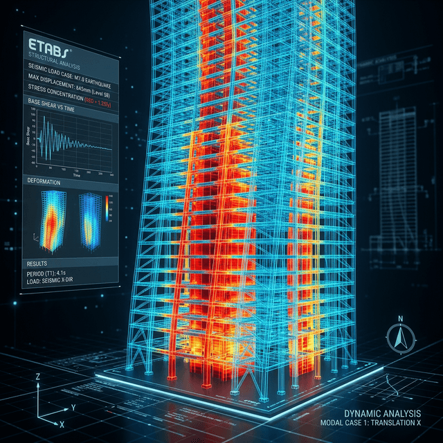 Modelo estructural en ETABS de un edificio de concreto armado con el diagrama de análisis sísmico modal y verificación de derivas según la Norma E.030 del Reglamento Nacional de Edificaciones del Perú