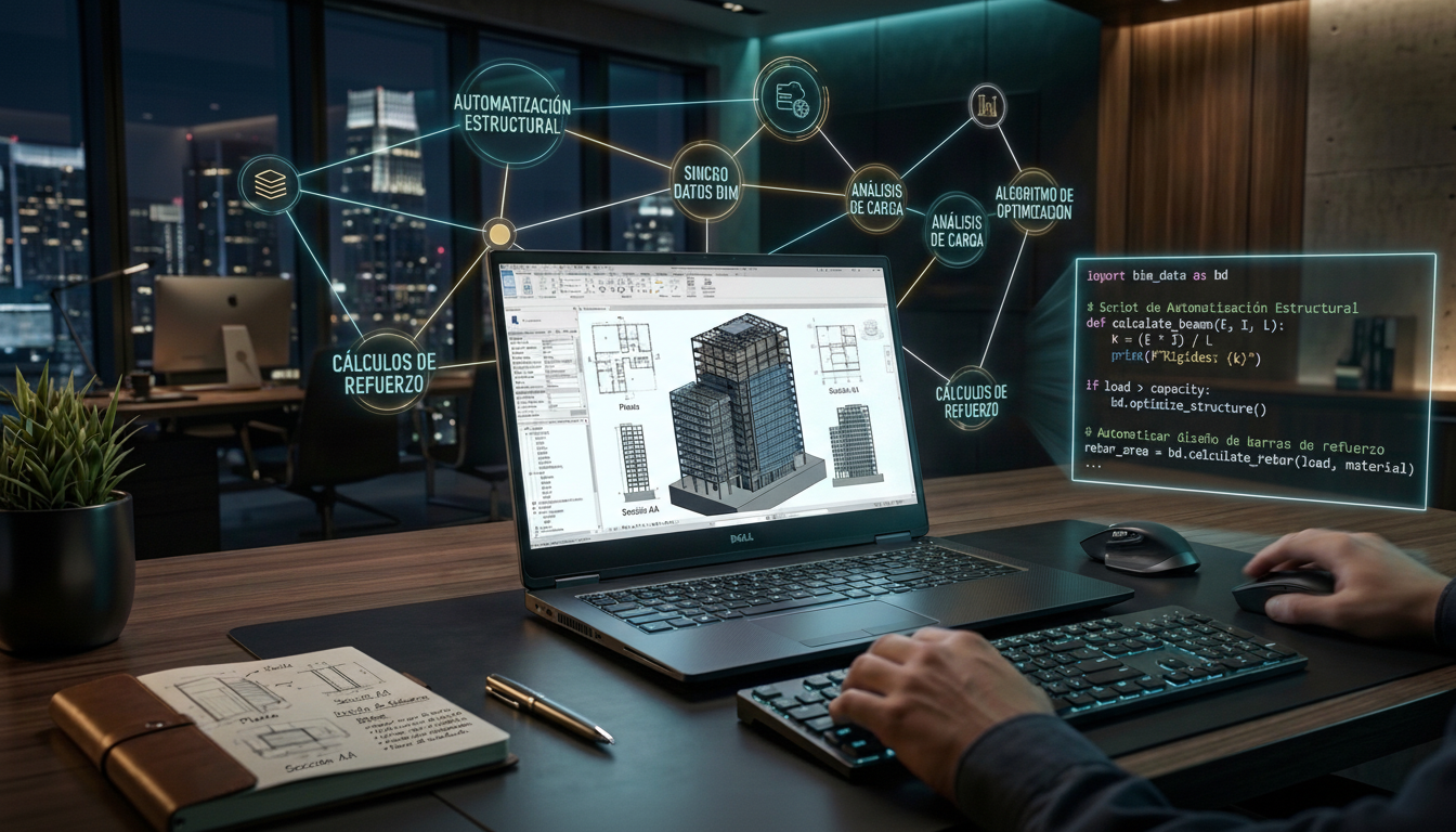 Escritorio de ingeniería moderna mostrando automatización BIM con modelo 3D y código Python en pantalla holográfica, colores cian y dorado corporativo Flujo de trabajo de automatización BIM con modelo 3D y código Python holográfico